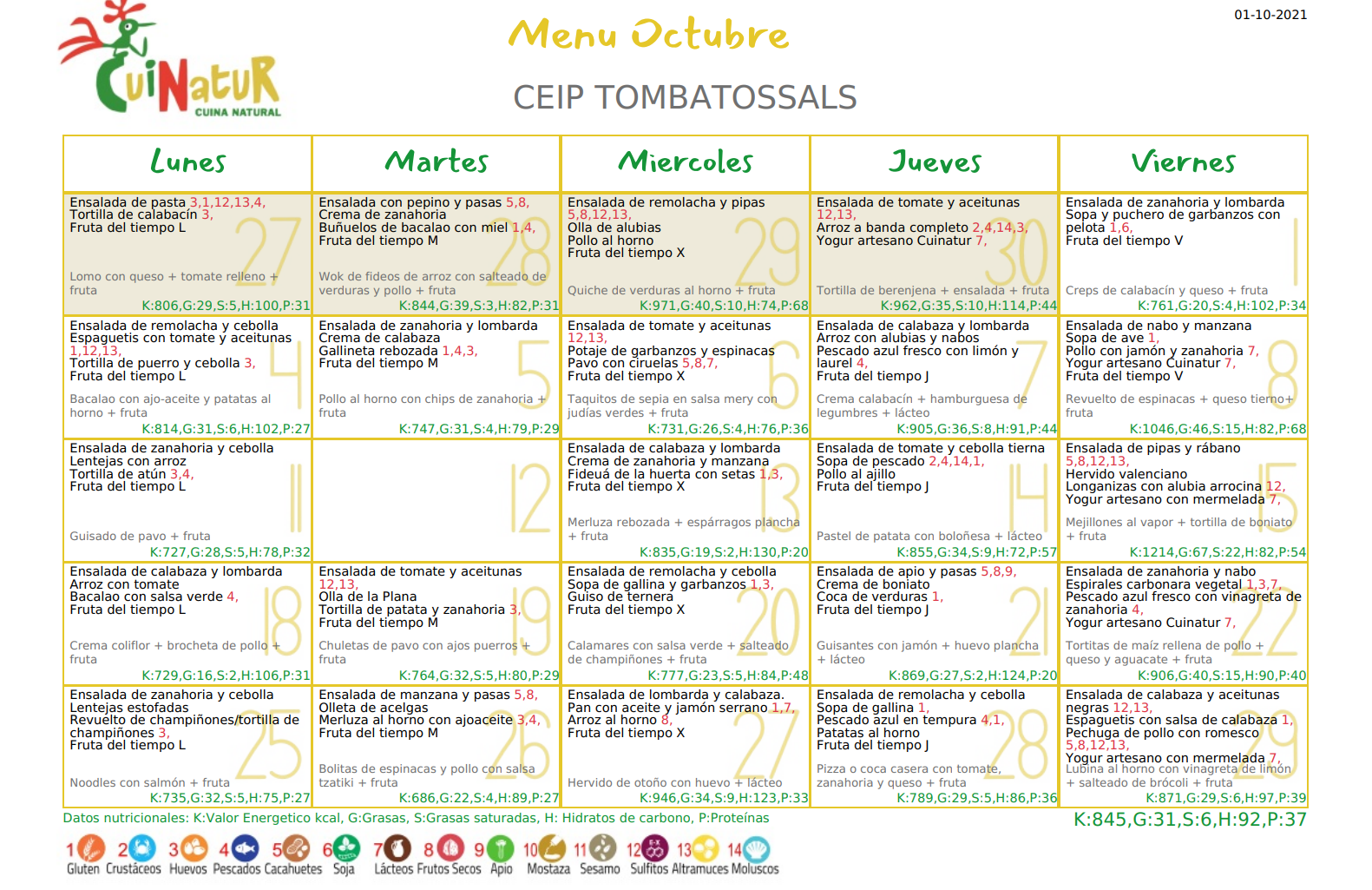 Menu Menjador Octubre 2021 | AMPA CEIP Tombatossals