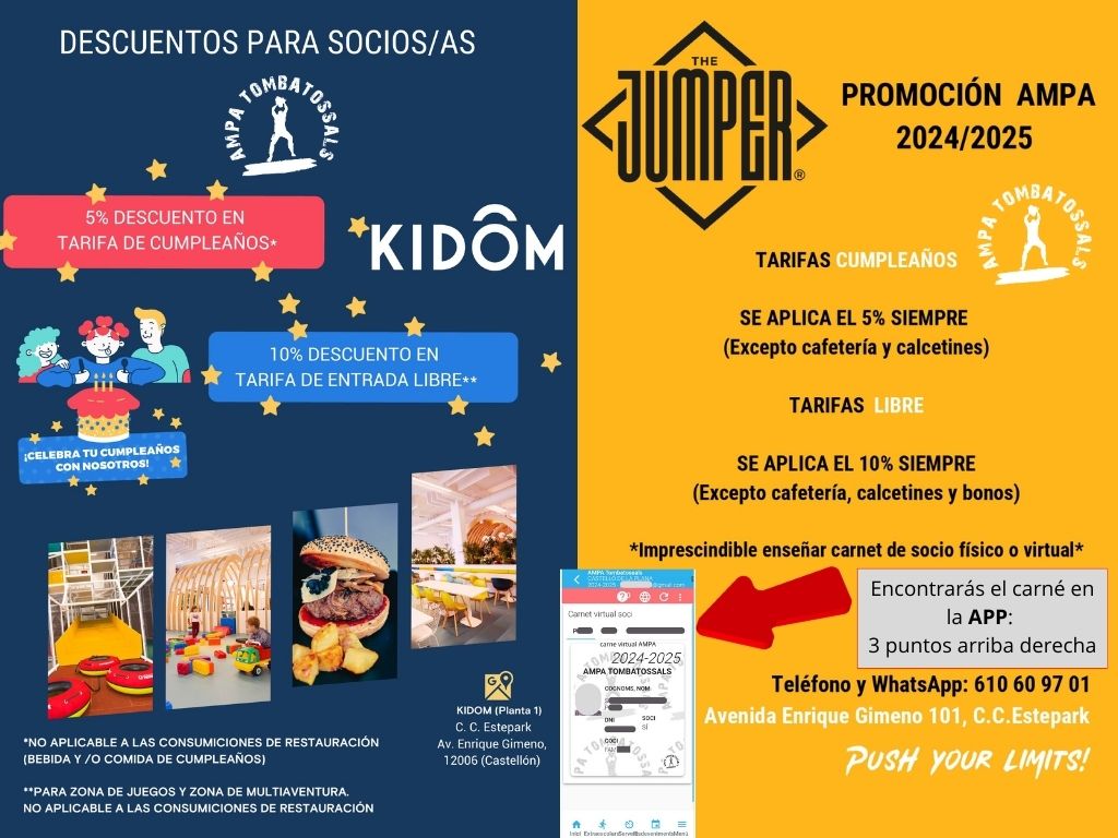 Carteles informativos con los descuentos de Kidom y Jumper:
5% tarifa cumpleaños
10% tarifa libre